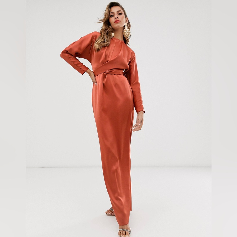 ASOS satin maxi dress with batwing sleeve and wrap waist in rusty orange